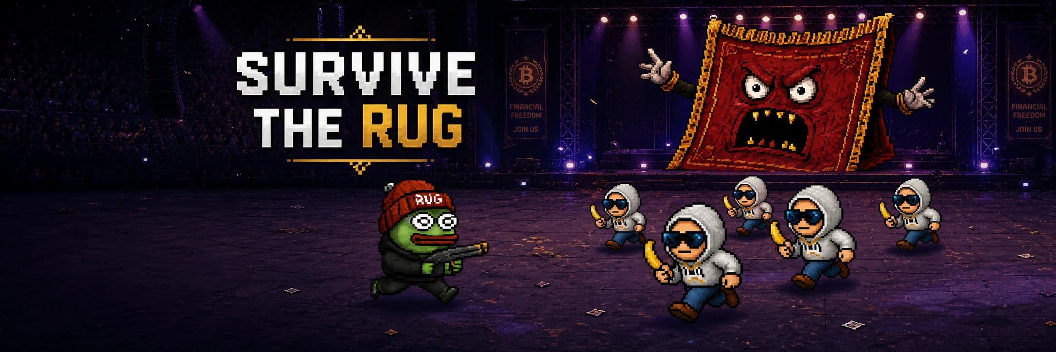 Rug Survivor: a degen with a shotgun faces a swarm of jeets while a giant snarling rug looms over the stage